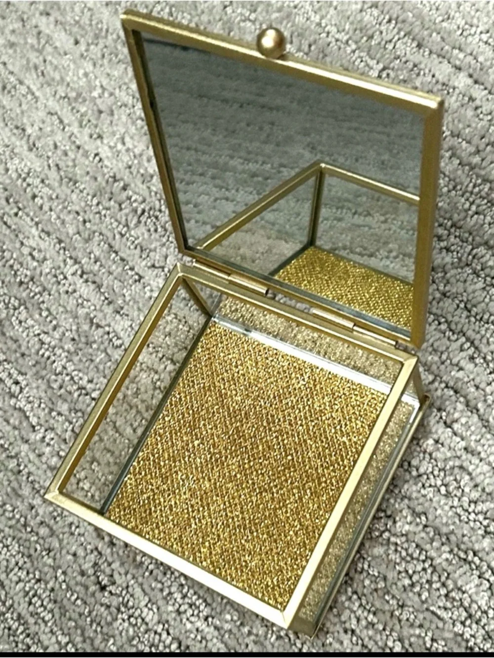 Fabulous Diamond Gold and Glass Jewelry Trinket Box Mirror 4” x 4” x 2.5” NEW